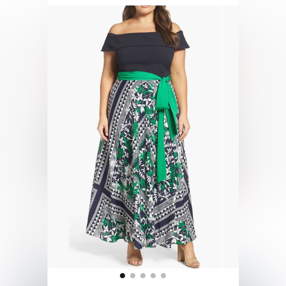 Eliza J off the shoulder maxi dress in navy and green — size 20W. Like new.